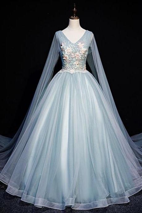 Blue V Neck Tulle Lace Long A Line Prom Dress Evening Dress M3638
