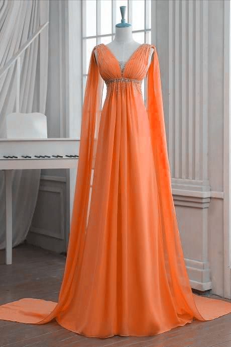Orange V-neck Sleeveless Chiffon Empire Waist Long Prom Dress, Evening Dress M3642