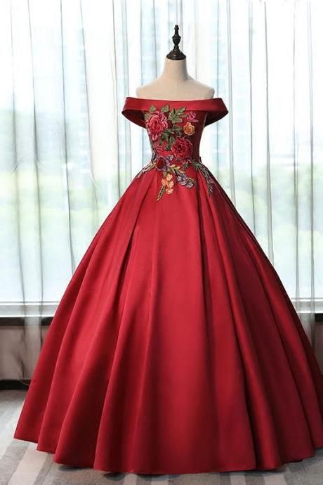 Red Satin Long Off Shoulder Party Dress, Ball Gown Long Sweet 16 Dress M3645