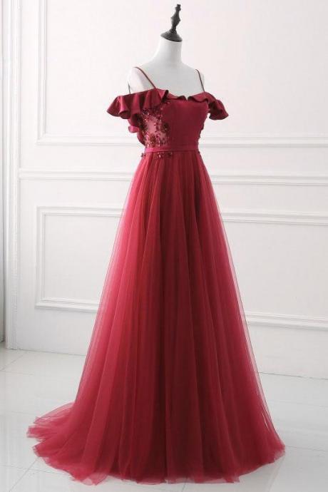 Sexy Red Strapless Dress, Long Tulle Party Dress, Red Neckline Ruffled Dress, Exquisite Embroidered Sequin Dress M3653