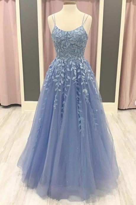 Blue Tulle Lace Applique Long Prom Dress Lace Formal Dress M3676