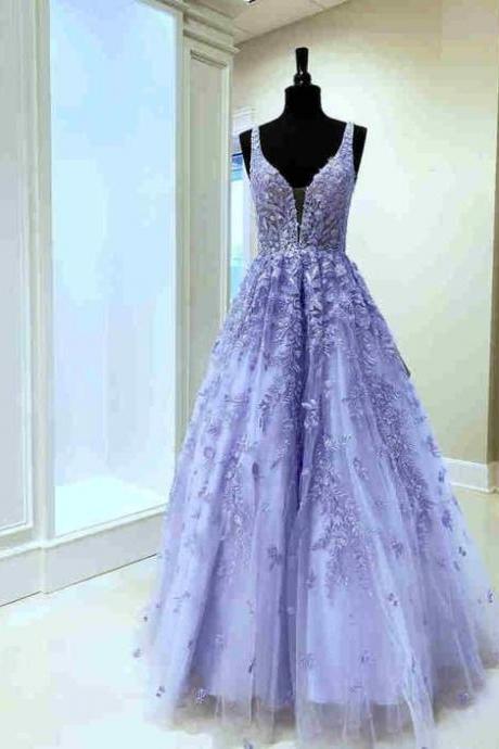 Gorgeous V-neck Tulle Lavender Long Prom Dress With Lace Appliques M3677