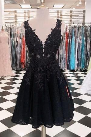 Short Prom Dress, Black Prom Dress, Lace Applique Prom Dress, Prom Dress, Elegant Prom Dress M3681