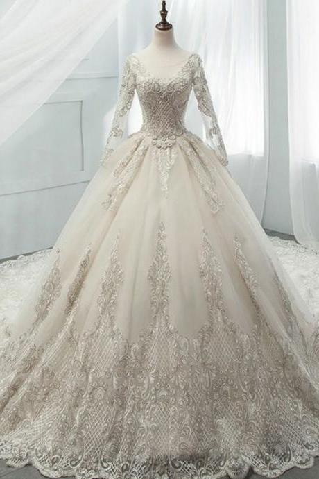 Tulle Appliques Long Sleeve Backless Beading Wedding Dress M3687