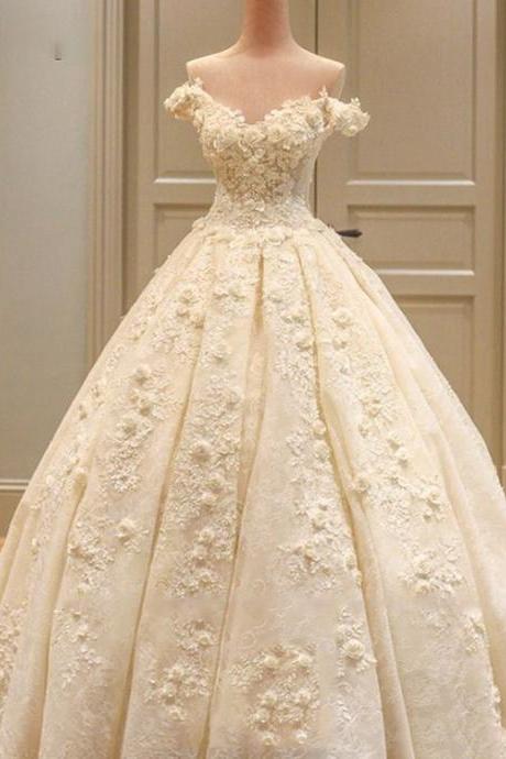 Custom Made Off The Shoulder Short Sleeve Beading Appliques Lace Flowers Princess Ball Gown Wedding Dresses M3691