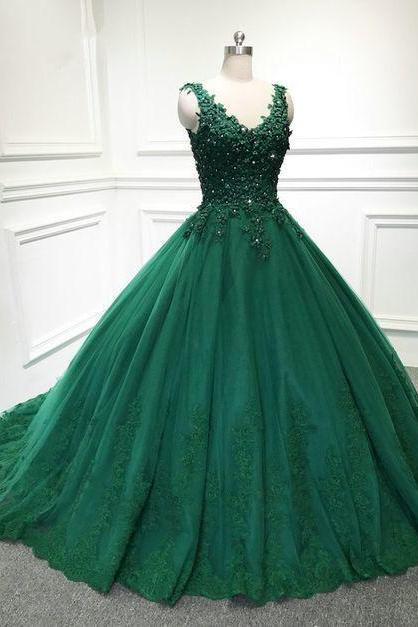 Green Ball Gown Lace V Neck Quinceanera Dress M3698