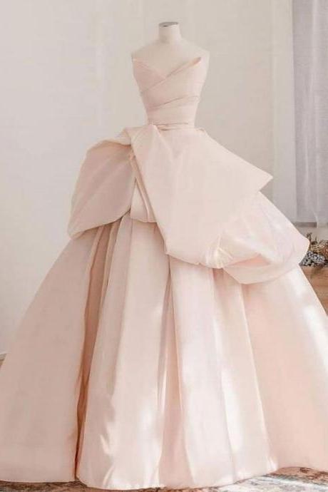 Champagne Pink Satin Long Prom Gown, Champagne Evening Dress M3703