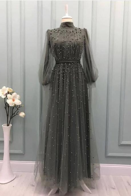 Grey Tulle Long Prom Gown, Evening Dress M3711