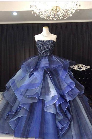 Blue Tulle Long Prom Dress Blue Evening Dress M3714