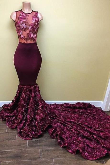 Prom Dress,modest Prom Dress,modern Long Evening Dress Burgundy Mermaid Long With Appliques M3715