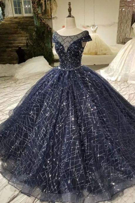 Prom Dress Ball Gown Bateau Cap Sleeves Dark Navy Lace Corset Back M3718