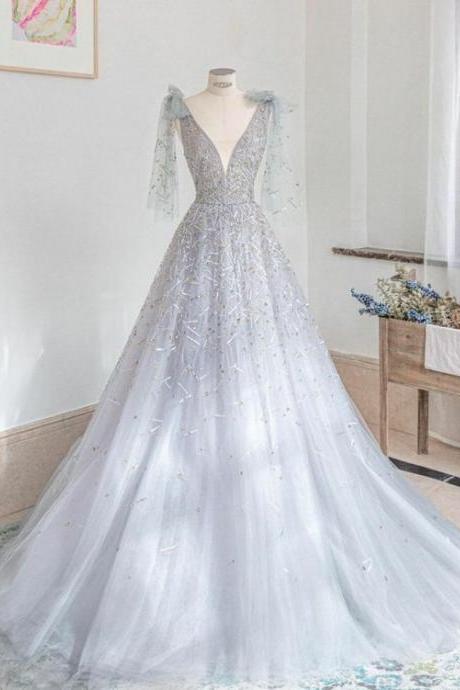 A Line Long Prom Dress V Neck Tulle Evening Dress M3719