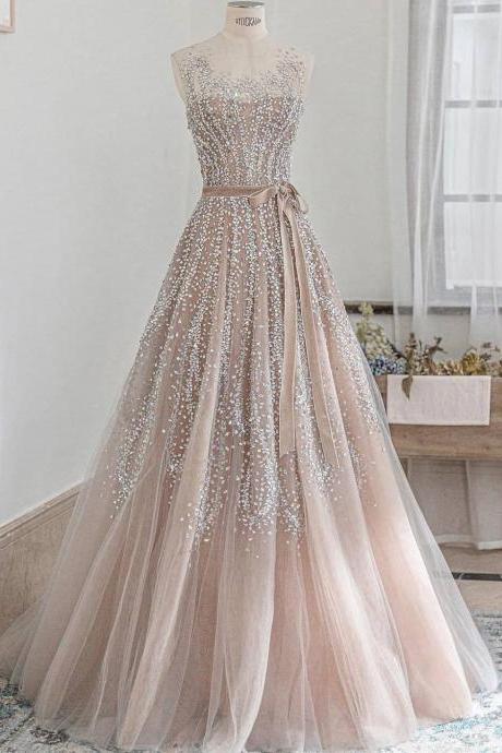 A Line Long Prom Dress Tulle Evening Dress M3721