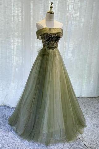 Light Green Tulle Scoop Long Party Gown, Green Prom Dress M3727