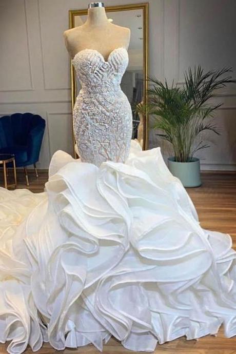Elegant Sweetheart Lace Up Crystal Mermaid Wedding Dresses M3730