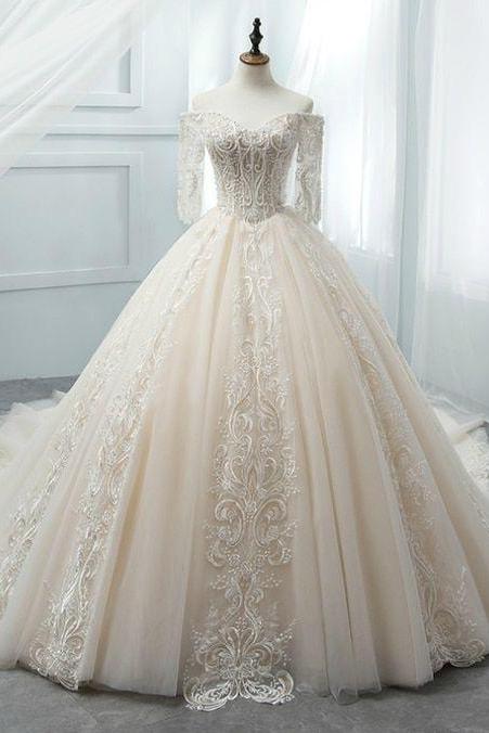 Light Champagne Tulle Short Sleeve Wedding Dress With Beading M3733