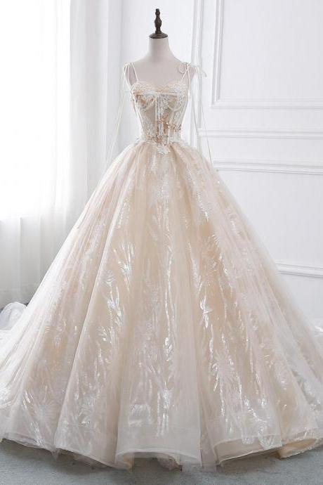 Champagne Sweetheart Spaghetti Bridal Gown Glittery Sequined Wedding Gown Princess Ball Gown M3734
