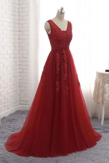 Burgundy V Neck Tulle Lace Applique Long Prom Dress, Burgundy Bridesmaid Dress M3746