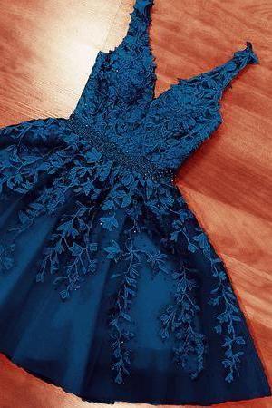 Short Lace Homecoming Dress V Neck Beaded Sashes M3752