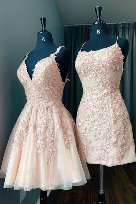 Short Pink Lace Appliques Homecoming Dress M3753