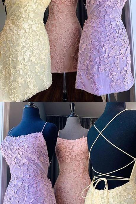 Short Prom Dresses, Lilac Lace Homecoming Dresses, Sexy Mini Cocktail Party Dresses M3754