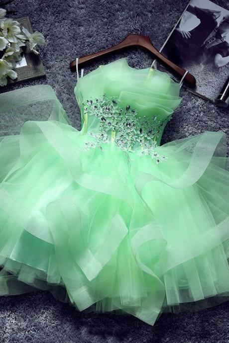 Mint Green Mini Cocktail Dress Cascading Ruffles Strapless Short Party Dress,chic Sleeveless Lace Appliques Graduation Dress M3755