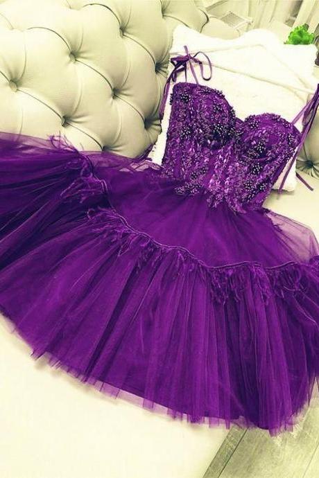 Short Purple Homecoming Dresses Lace Sweetheart Corset With Tulle Ruffles M3756