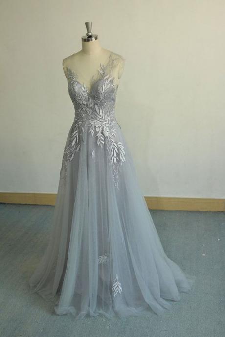 Gray V Neck Tulle Lace Long Prom Dress, Gray Evening Dress M3757