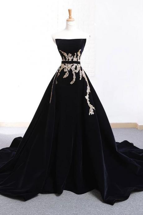 Black Lace Applique Long Prom Dress, Black Evening Dress M3758