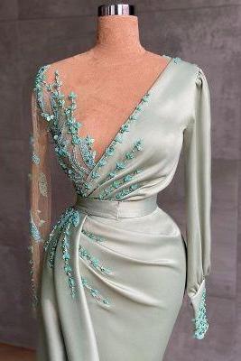 Prom Dresses Long Mint Green | Evening Dresses With Sleeves M3763