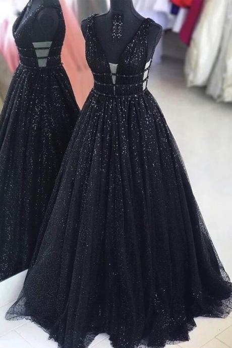 Black Tulle Sequins Dress Long A Line Formal Prom Dresses M3764