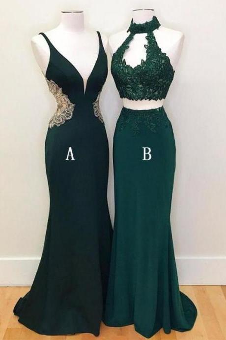 Emerald Green Prom Dress, Two Piece Prom Dress, Sheath Long Evening Party Prom Dress M3774