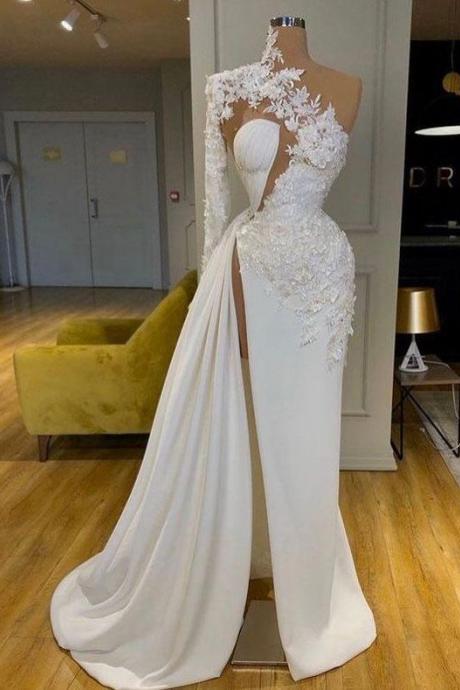 Single Length Slit Prom Dresses Evening Gown With Appliques M3777