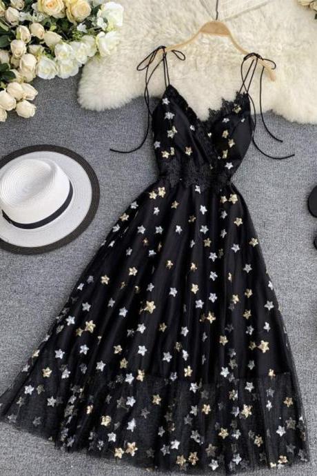 Black V Neck Tulle Lace Dress With Stars Sequins M3778