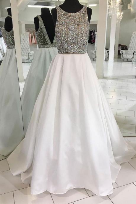 White Round Neck Satin Beads Long Prom Dress, White Evening Dress M3802