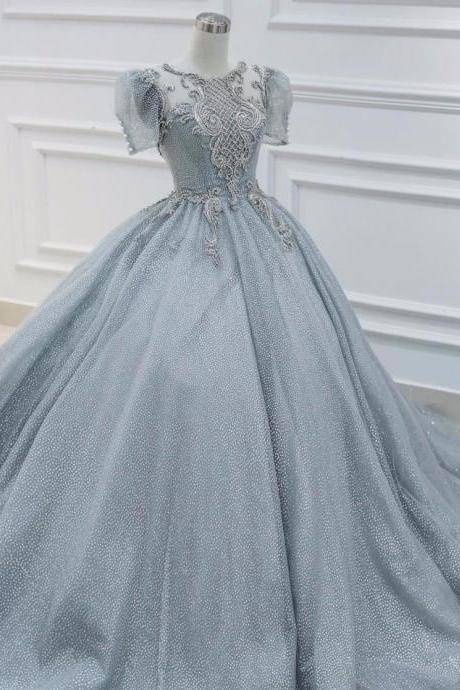 Sparkle Grey Beaded Ball Gown Wedding Dress With Court Train & Glitter Tulle M3810