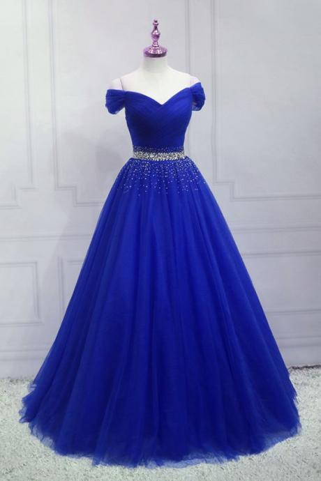 Royal Blue Beaded Long Sweetheart Party Dress, Blue Junior Prom Dress M3814