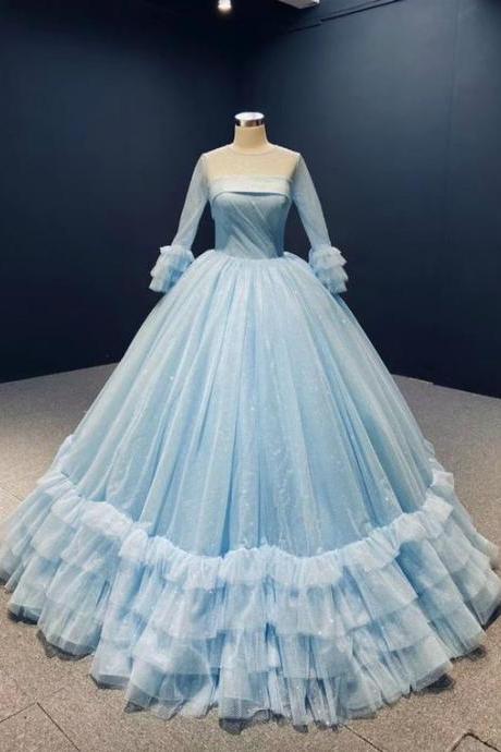 Blue Ball Gown Sequins Tulle Long Sleeve Pleats Prom Dress M3815