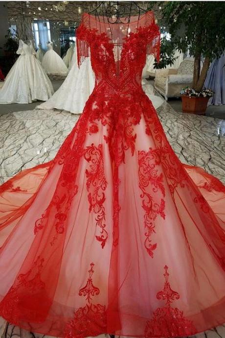 Red Dress Beaded Married Exquisite Luxury Embroidery Beautiful Party Dresses With Short Sleeves Ball Gown M3821