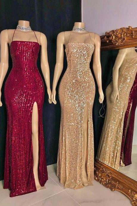 Sexy Mermaid Spaghetti Straps Burgundy Sequins Long Prom Evening Dress With Split M3823