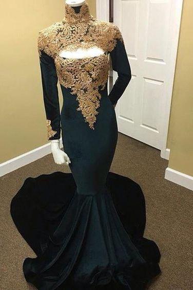 Mermaid Dark Green With Gold Appliques Long Sleeves High Neck Velvet African Prom Dresses M3824