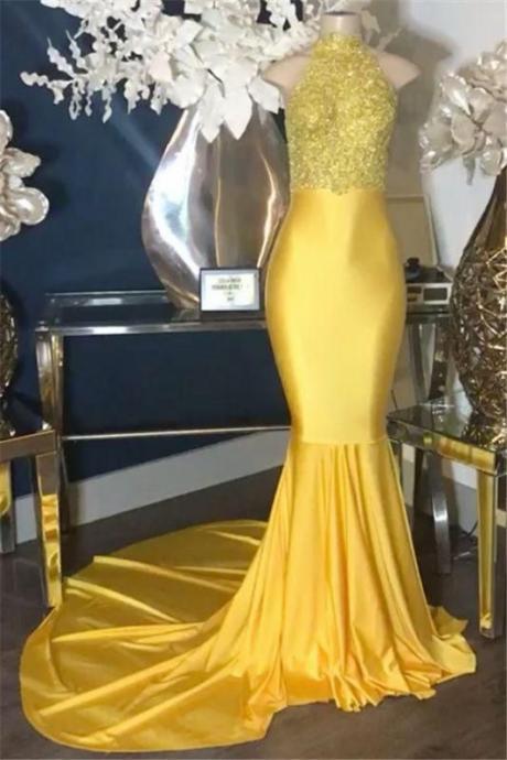 Mermaid Yellow High Neck Elastic Satin With Appliques M3829