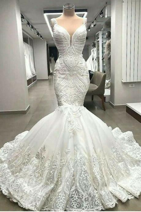 Mermaid Wedding Dresses Appliques Luxury Bridal Gown Sleeveless Lace Custom Made M3840