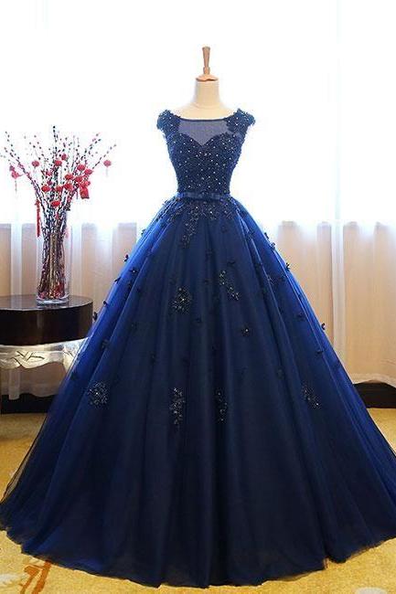 Dark Blue Tulle Lace Long Prom Dress, Dark Blue Sweet 16 Dress M3841