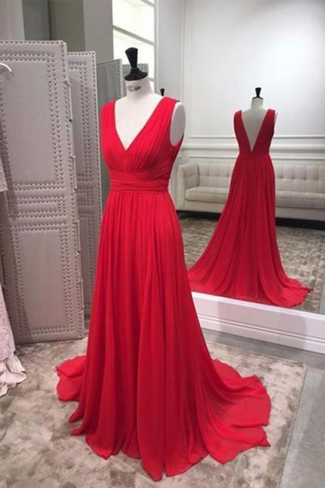 Simple Red V Neck Chiffon Long Prom Dress, Red Evening Dress M3843