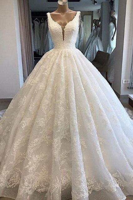 Ball Gown V Neck White Tulle Lace Wedding Dresses M3855