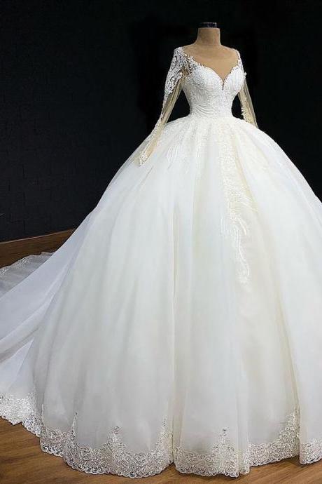 Ball Gown V Neck White Tulle Lace Wedding Dresses M3858