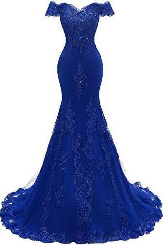 Off Shoulder Royal Blue Tulle Mermaid Prom Dress Plus Size Prom Party Gowns Formal Evening Dresses M3864