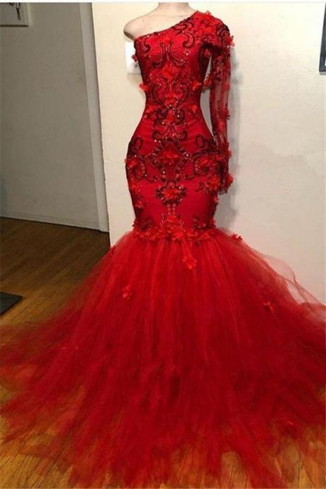 Long Sleeves Mermaid Tulle Beaded Long Red Prom Dresses M3879