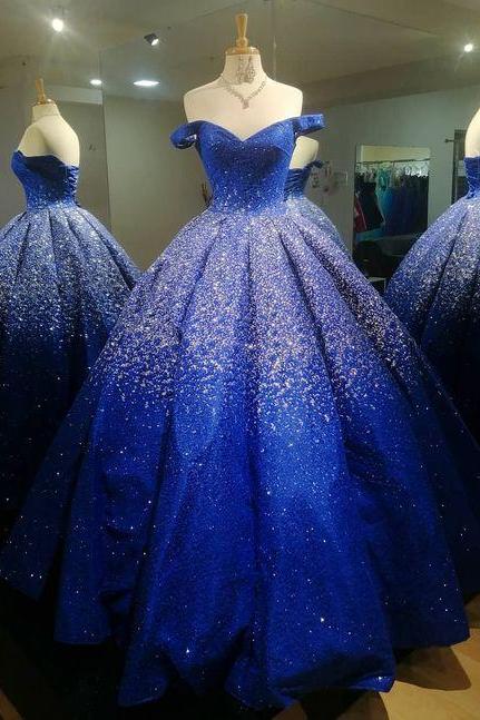 Shiny Off The Shoulder Royal Blue Ball Gown M3885